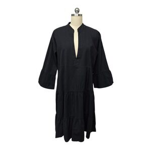 Tree of Life Nepal Black Cotton‎ Tiered Boho V-Neck Bell Sleeve Midi Dress Large